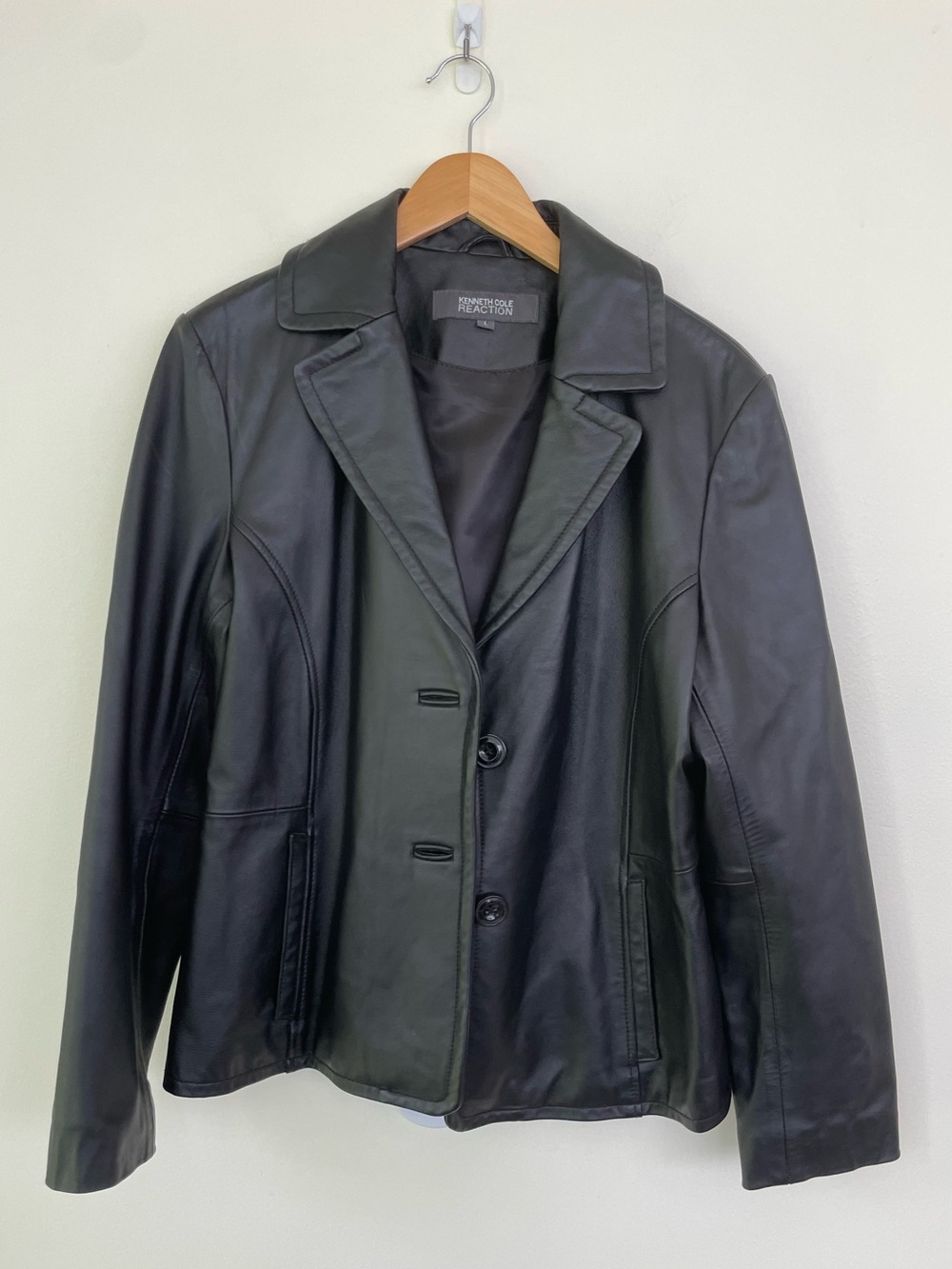 Kenneth Cole Reaction 100% Leather Black Double Button Jacket L Large Pockets